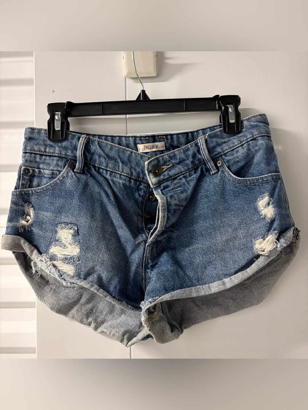 Roxy Women's Light Blue Distressed Rolled-Hem Jean Shorts - Picture 1 of 15